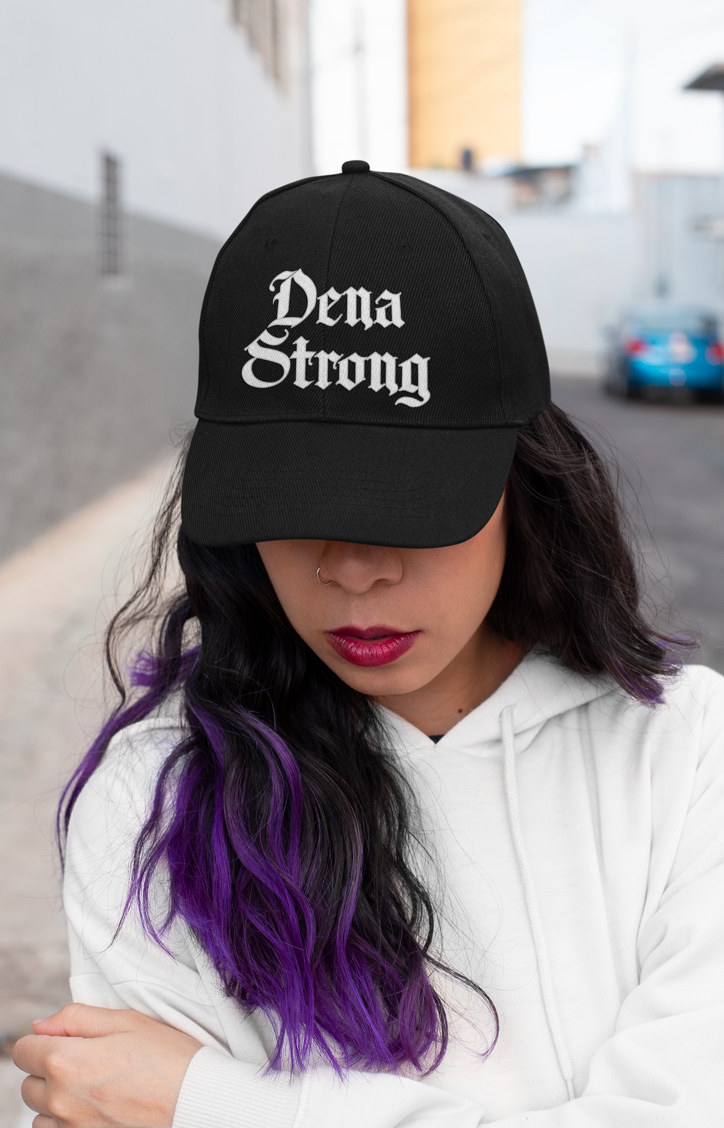 Dena Strong Dad hat in black with white custom embroidery