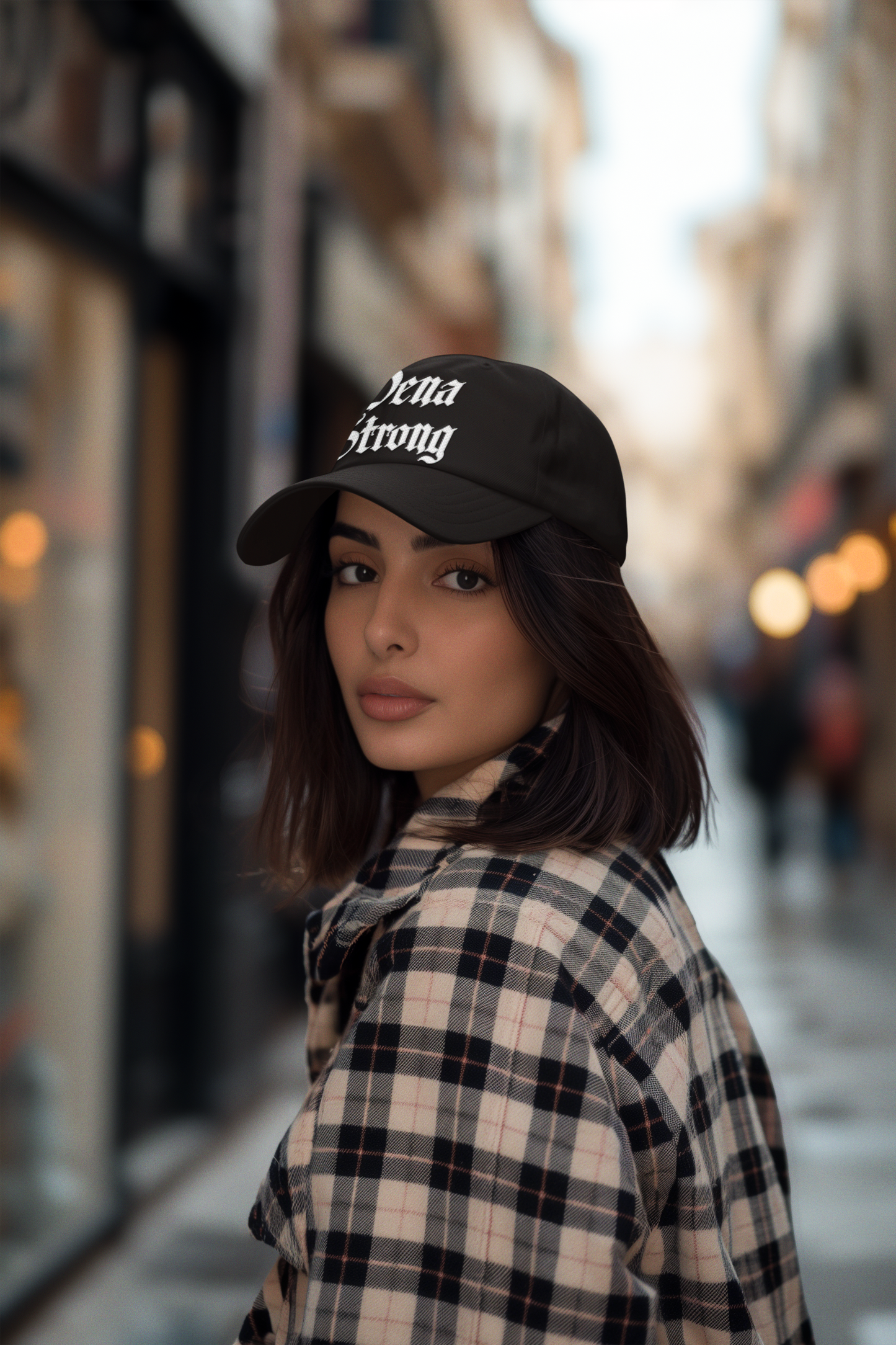 Dena Strong Dad hat in black with white custom embroidery