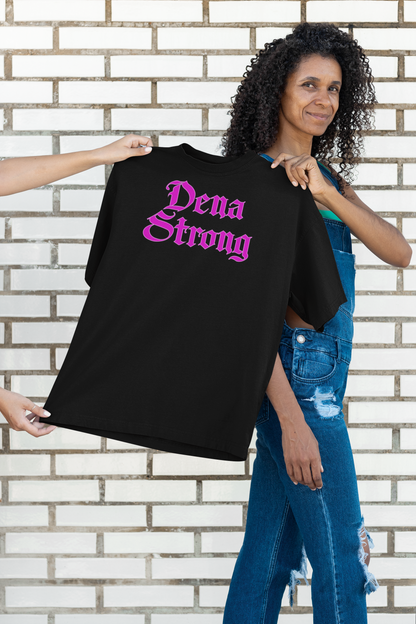 Dena Strong black short sleeve T-shirt with bright pink DTG print text