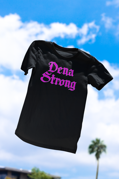 Dena Strong black short sleeve T-shirt with bright pink DTG print text