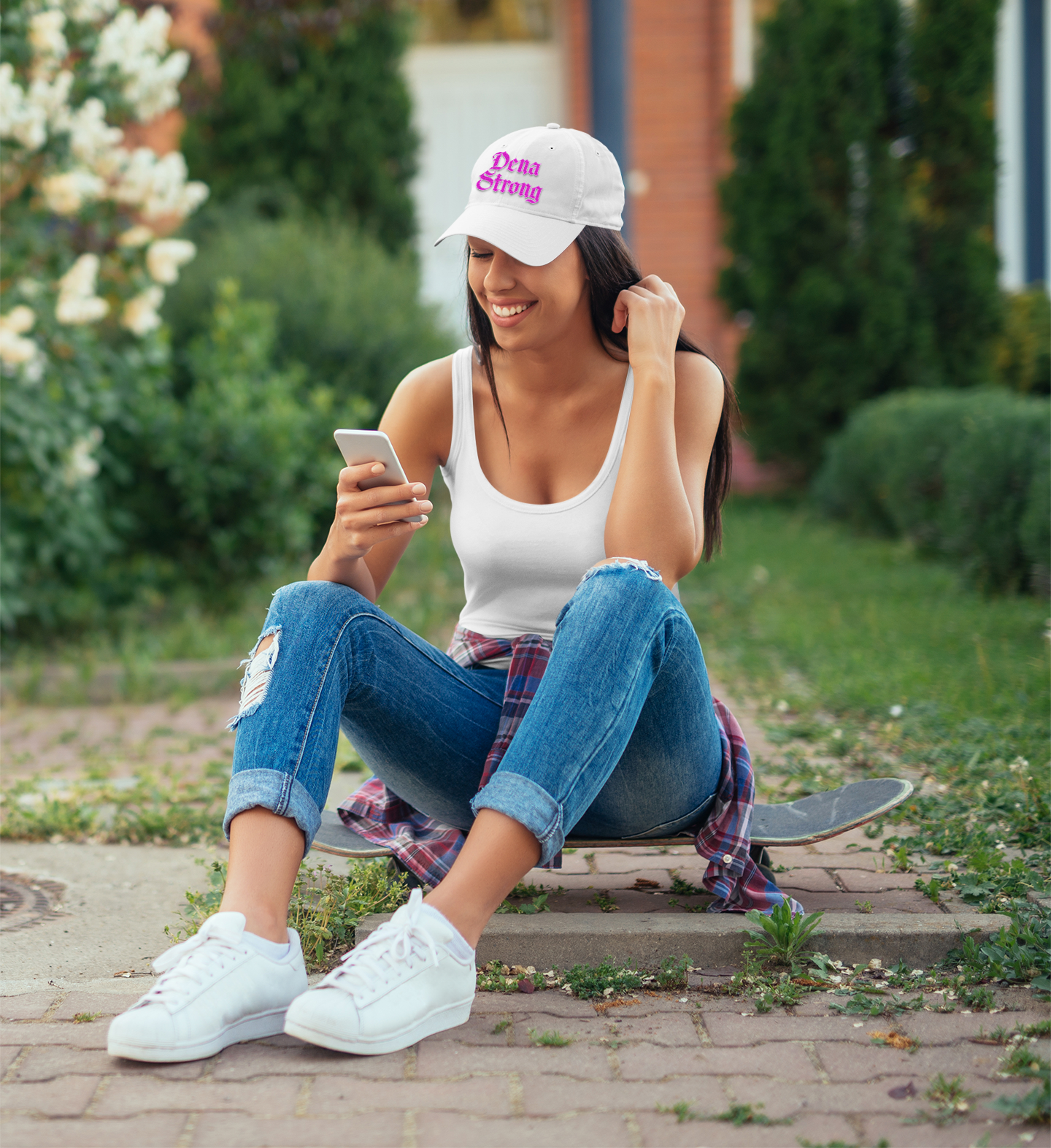 Dena Strong Dad hat in white with bright pink custom embrpoidery