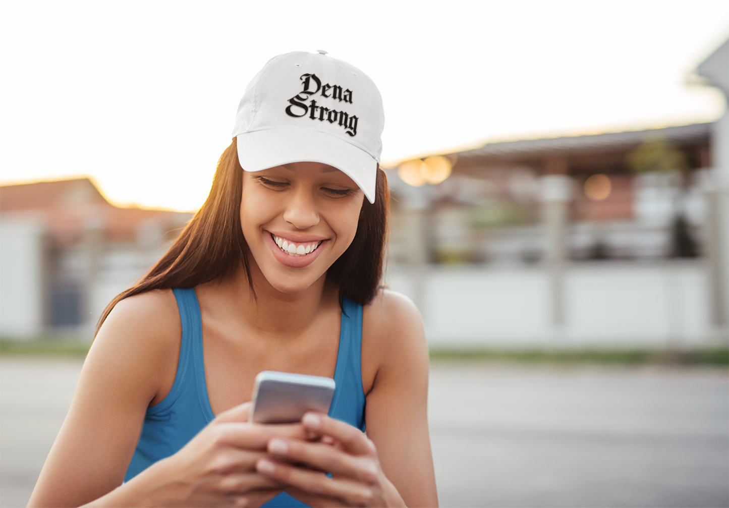 Dena Strong dad hat in white with custom black gothic embroidery