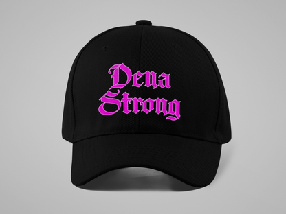 Dena Strong black dad hat with bright pink embroidered gothic lettering