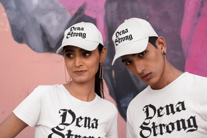 Dena Strong dad hat in white with custom black gothic embroidery