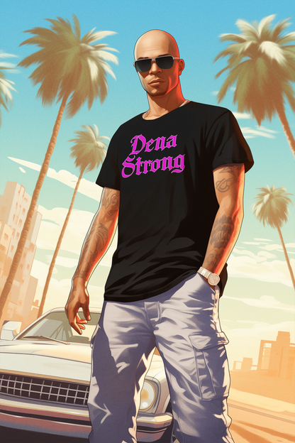 Dena Strong black short sleeve T-shirt with bright pink DTG print text