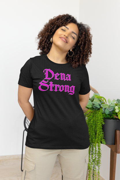 Dena Strong black short sleeve T-shirt with bright pink DTG print text