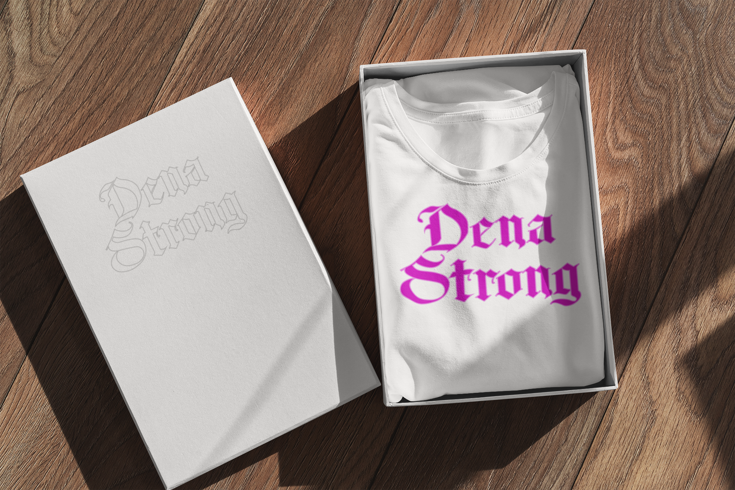 Dena Strong white short sleeve T-Shirt with bright pink DTG print