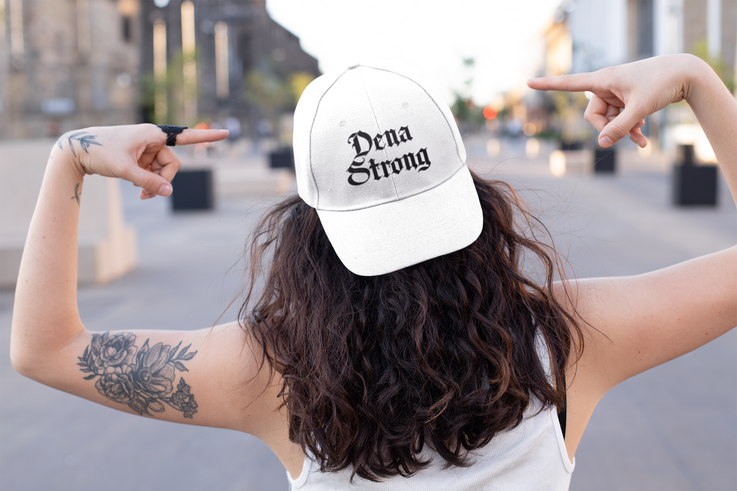 Dena Strong dad hat in white with custom black gothic embroidery