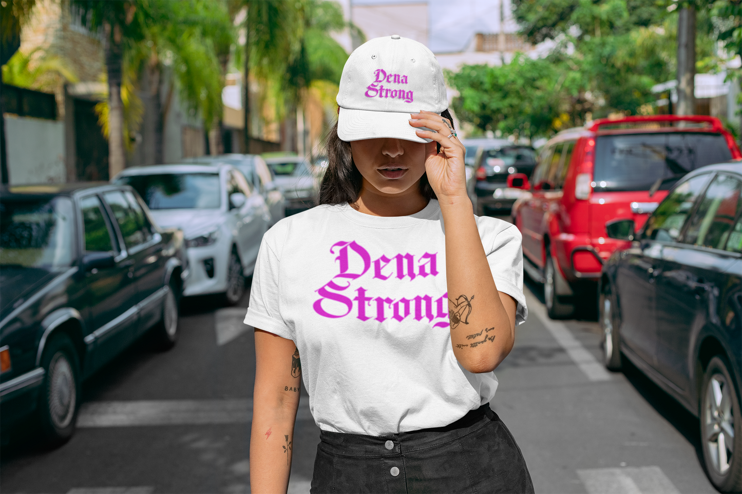 Dena Strong white short sleeve T-Shirt with bright pink DTG print