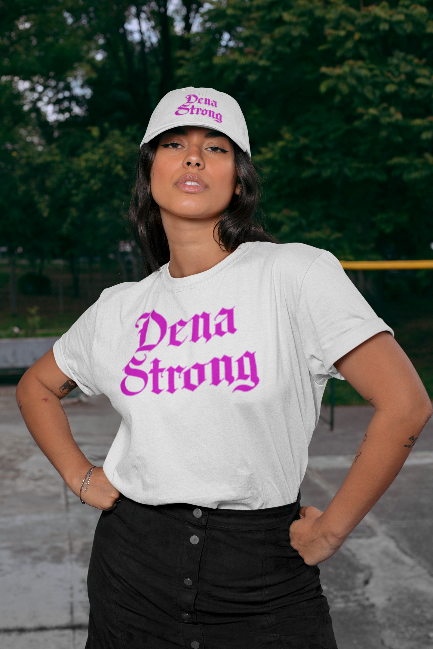 Dena Strong white short sleeve T-Shirt with bright pink DTG print