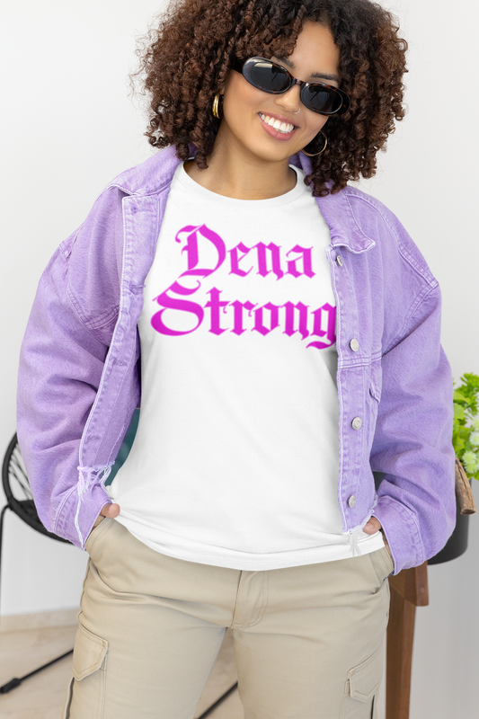 Dena Strong white short sleeve T-Shirt with bright pink DTG print