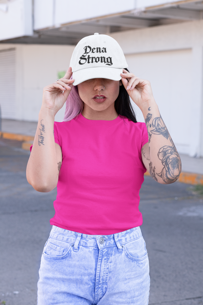 Dena Strong dad hat in white with custom black gothic embroidery