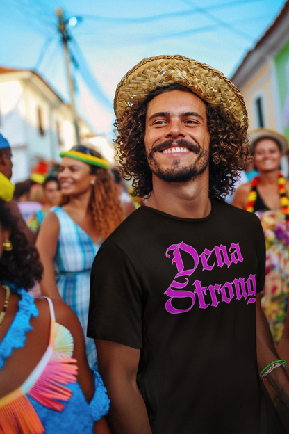 Dena Strong black short sleeve T-shirt with bright pink DTG print text